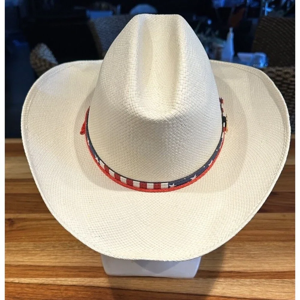 STETSON STRAW COWBOY WESTERN HAT American Flag Band W/ Drawsting 54cm Or 6 3/4